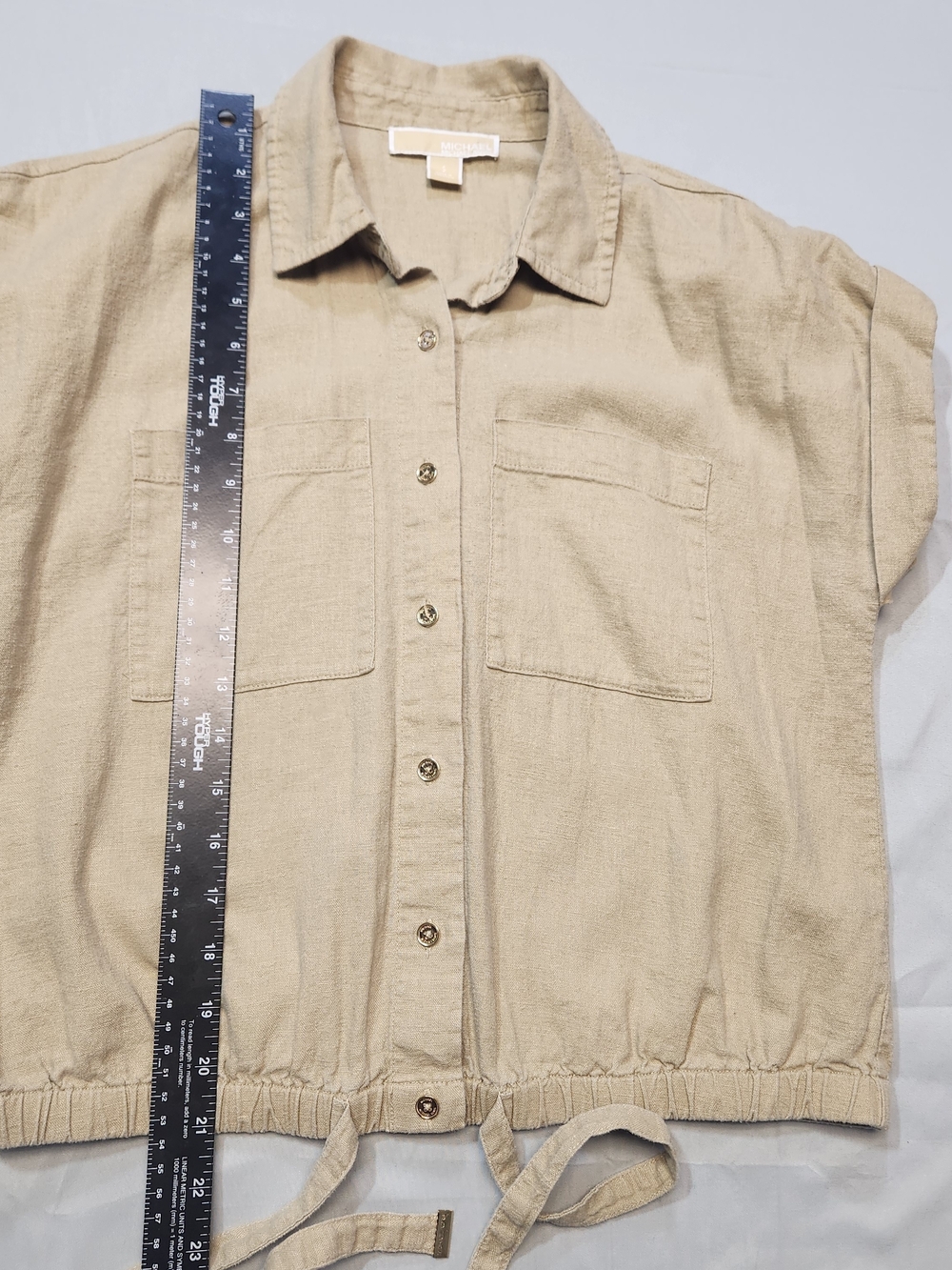 MICHAEL KORS Blouse size Small S Khaki Button Up Tie at Waist Gold Buttons - Picture 5 of 6
